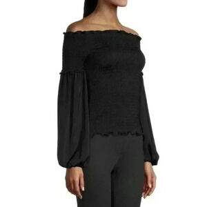 Kobi Halperin Womens Elaine Off The Shoulder Smocked Shirt Blouse Top Black